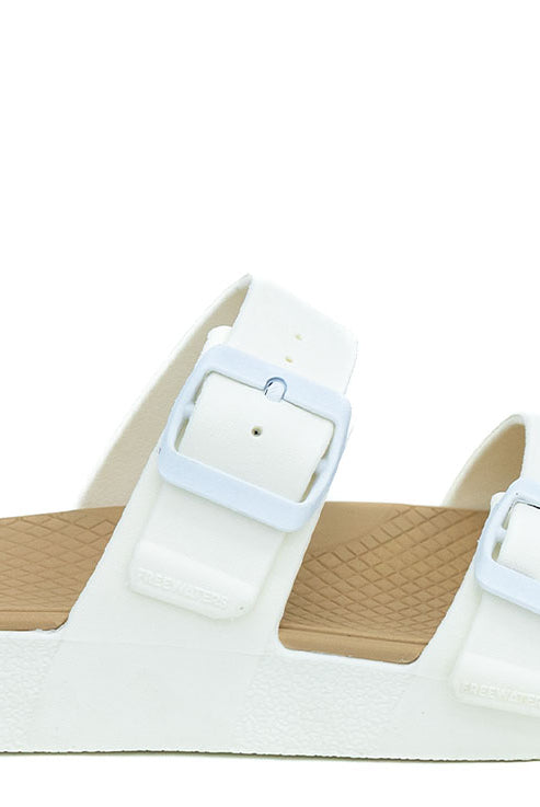 A white Cloud9 Bliss sandals with a drop-in platform footbed and two adjustable straps.