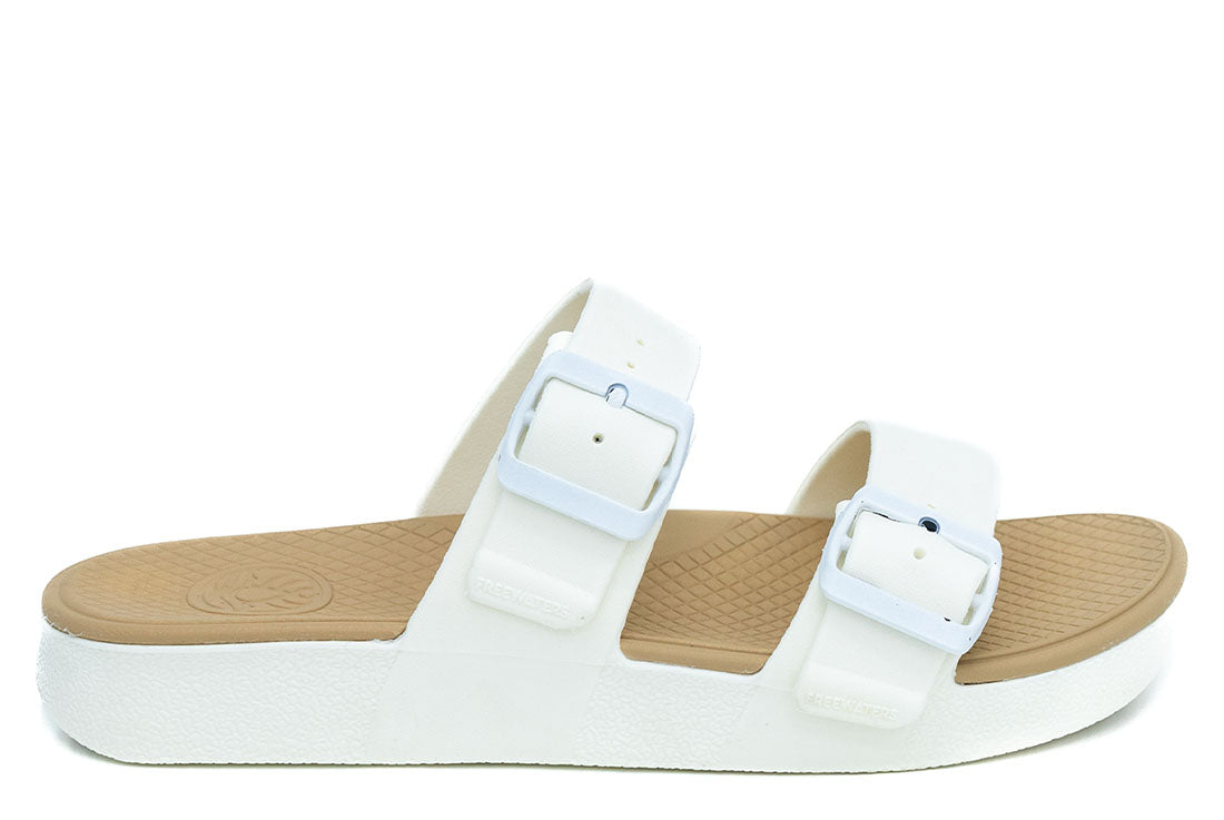 A white Cloud9 Bliss sandals with a drop-in platform footbed and two adjustable straps.
