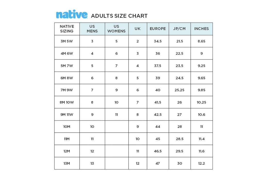 An adults size chart for Native Sizing.