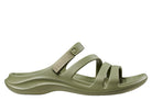 Green sandal with a strap on a white background.