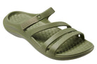 Green sandal with a strap on a white background.