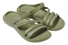 Pair of green sandals with textured sole on a white background