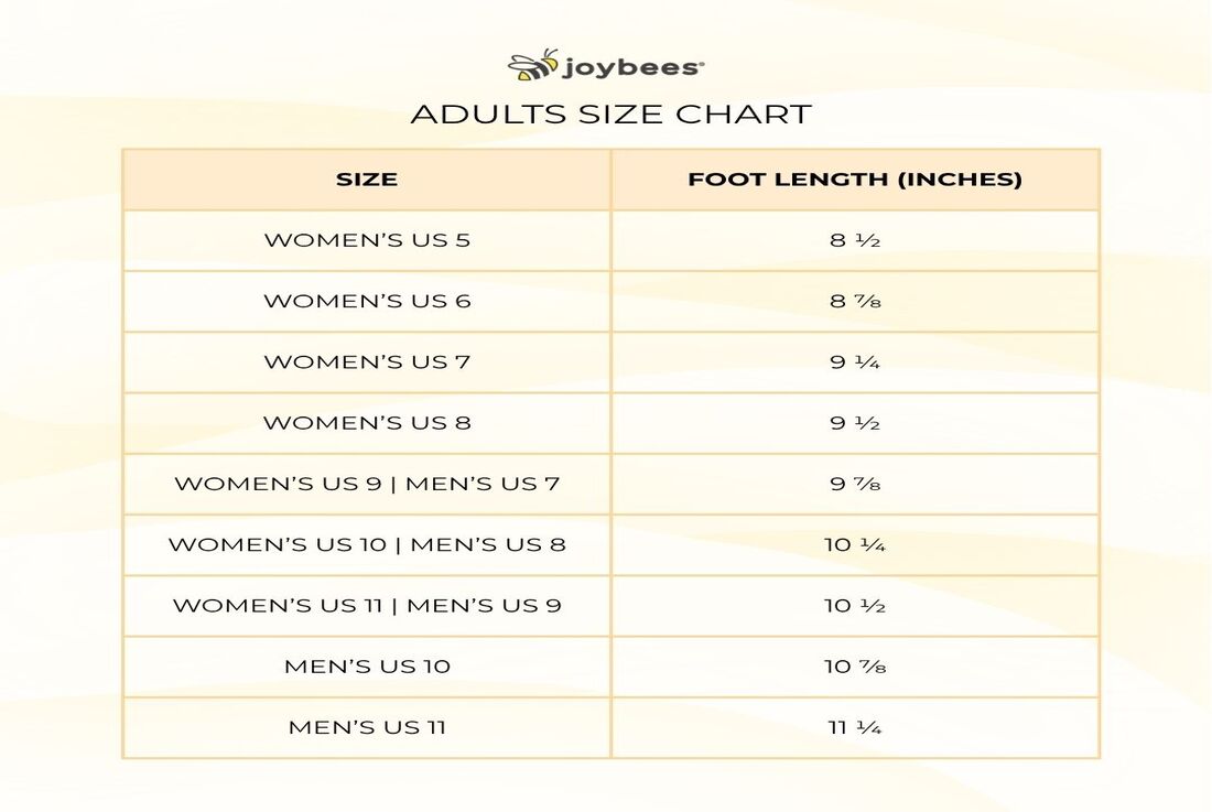 Size chart for adults by Joybees with foot length measurements.