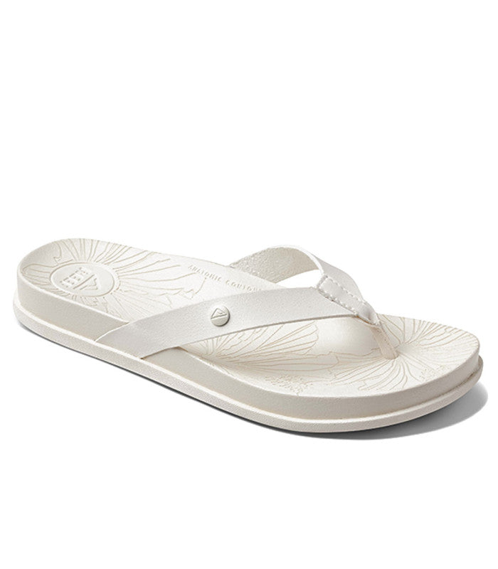 A white sandals with a tropical footbed pattern, designed for women.