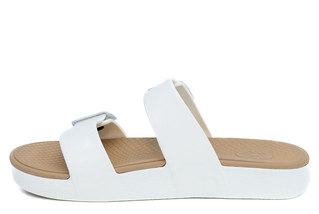 A white Cloud9 Bliss sandals with a drop-in platform footbed and two adjustable straps.