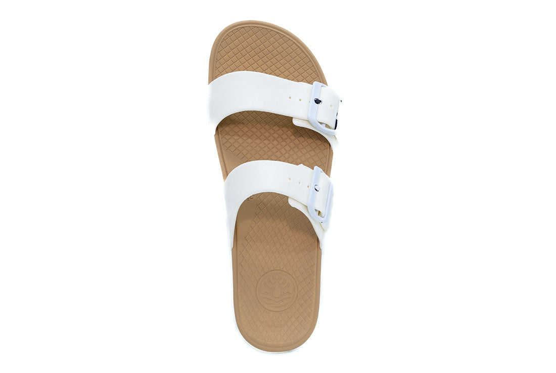 A white Cloud9 Bliss sandals with a drop-in platform footbed and two adjustable straps.