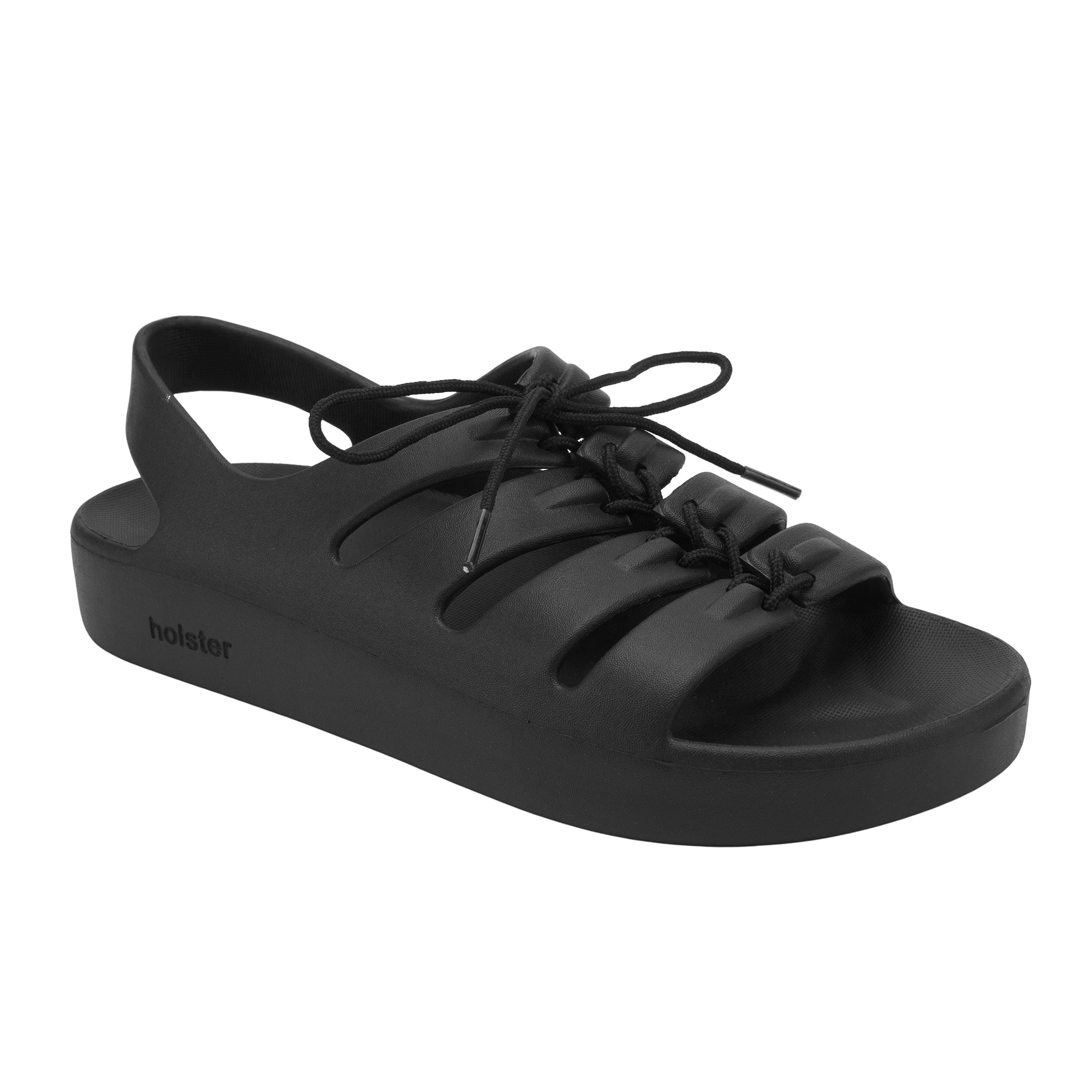A black EVA foam sandal with adjustable laces, designed with a soft insole, arch support, and a non-slip outsole.