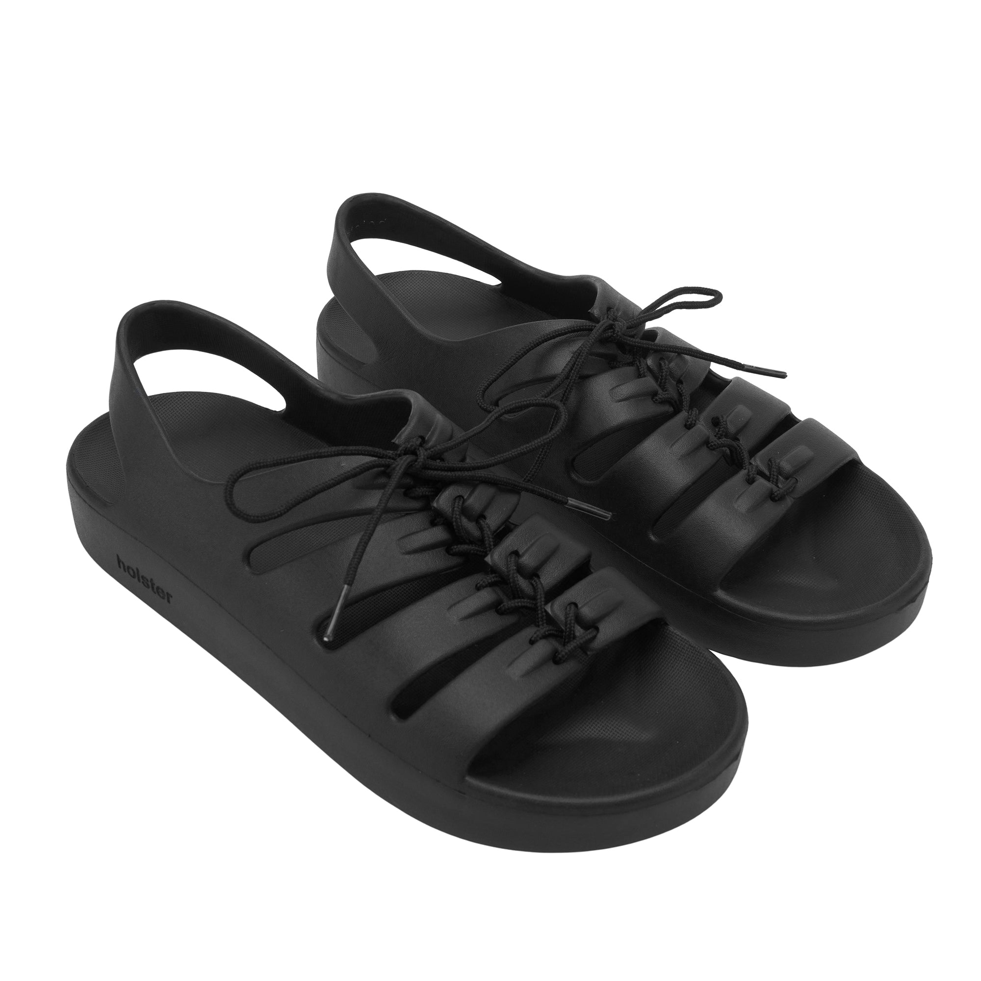 A pair of black EVA foam sandal with adjustable laces, designed with a soft insole, arch support, and a non-slip outsole.