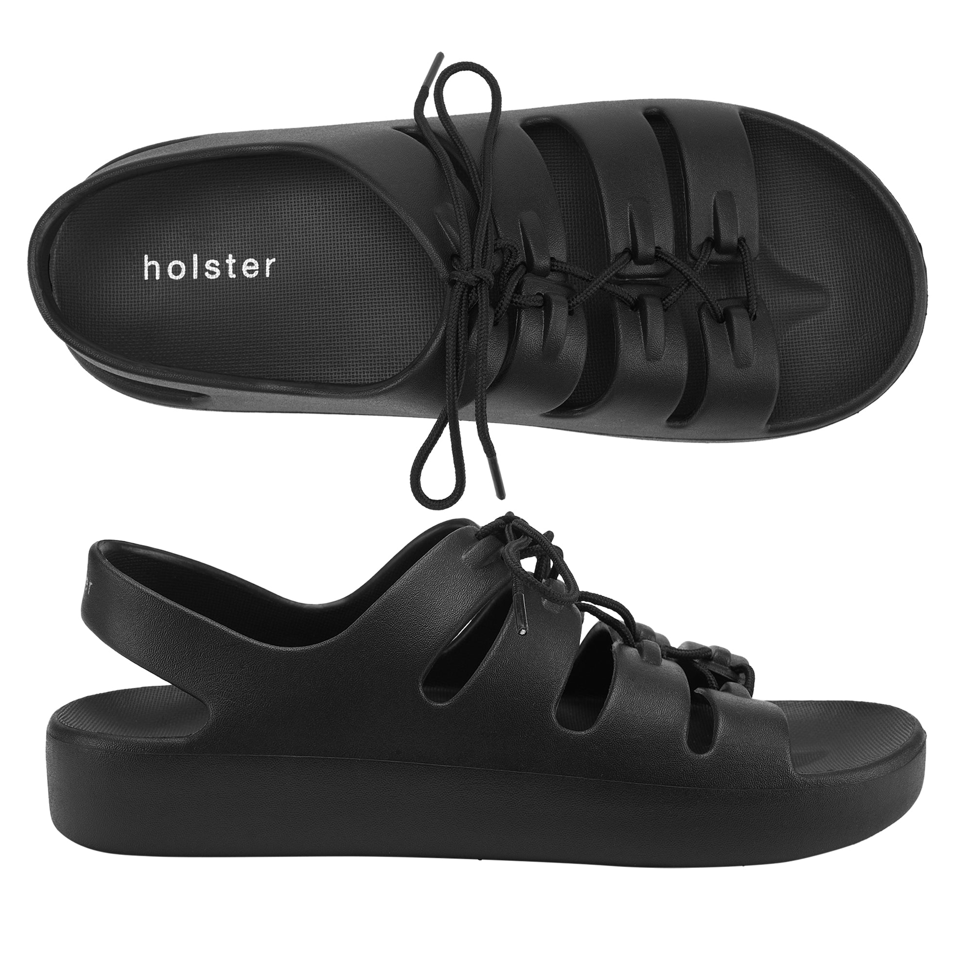 A pair of black foam sandal with adjustable laces, designed with a soft insole, arch support, and a non-slip outsole.