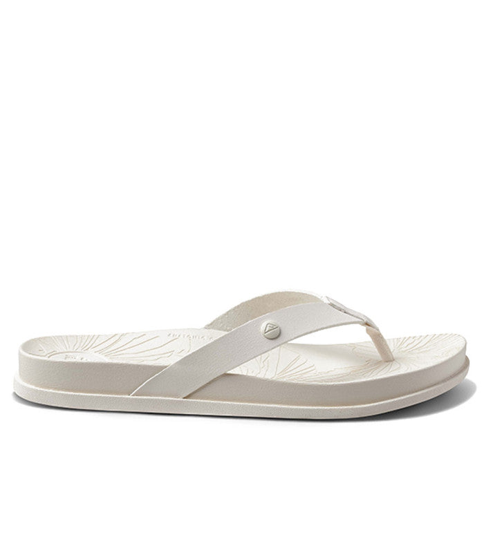 A white sandals with a tropical footbed pattern, designed for women.