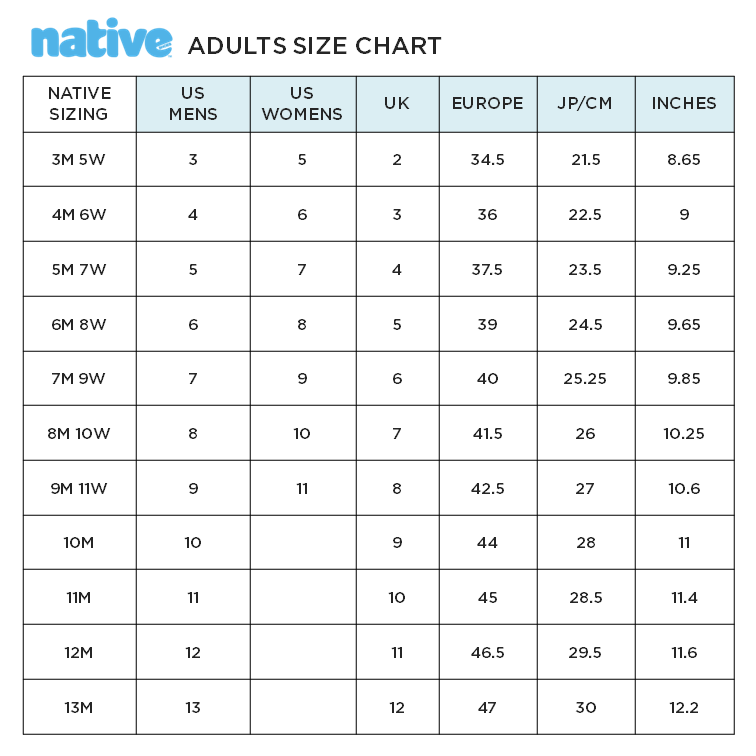 Native Size Chart Adults