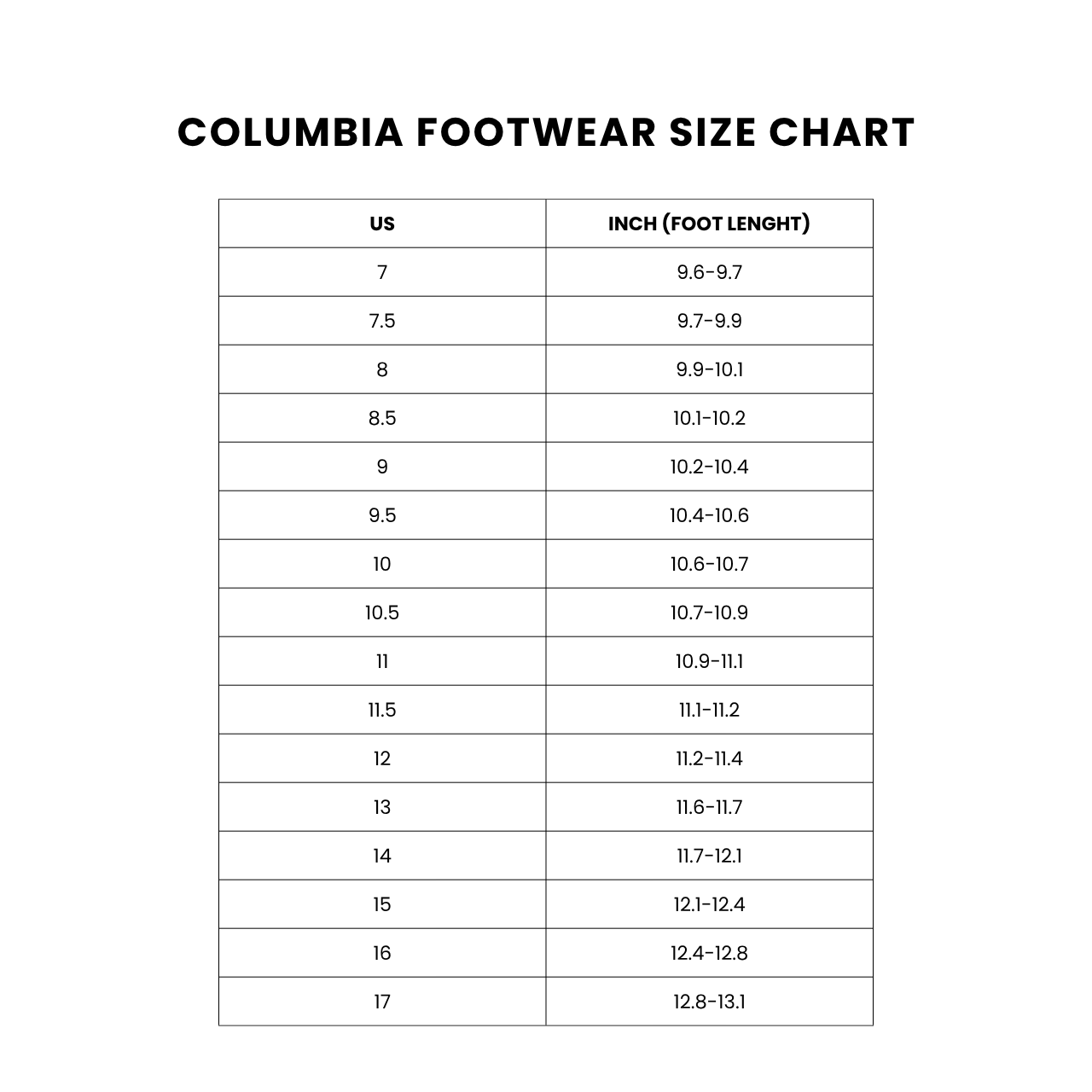 Columbia Size Chart 