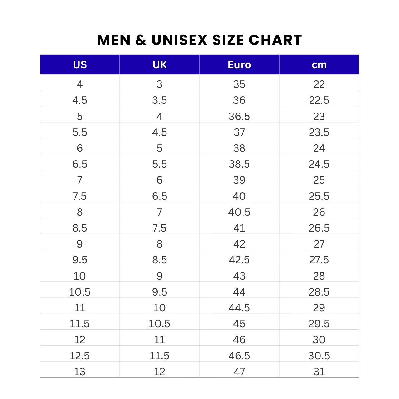 Mizuno Size Chart Men-Unisex