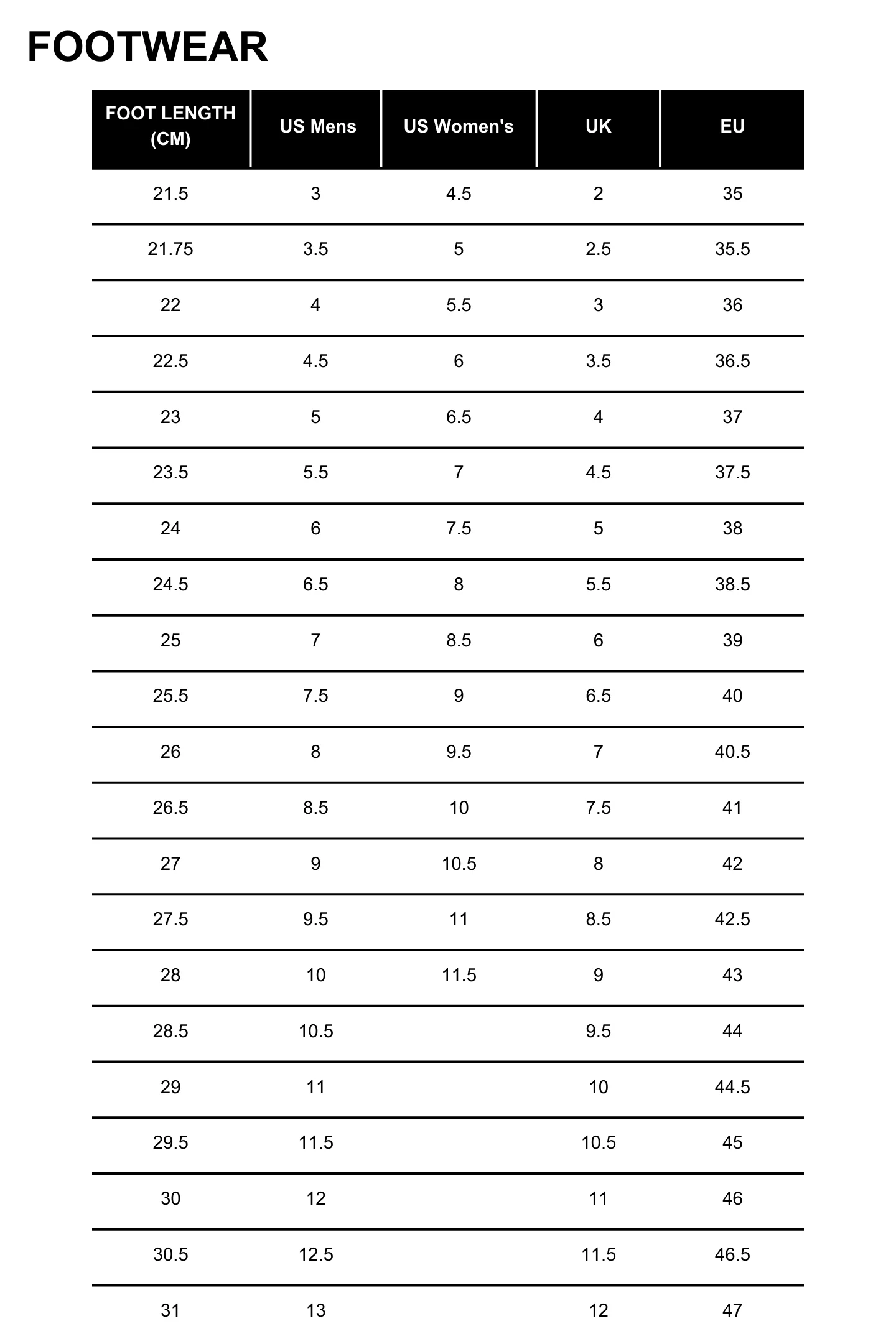 DC Shoes Size Chart 