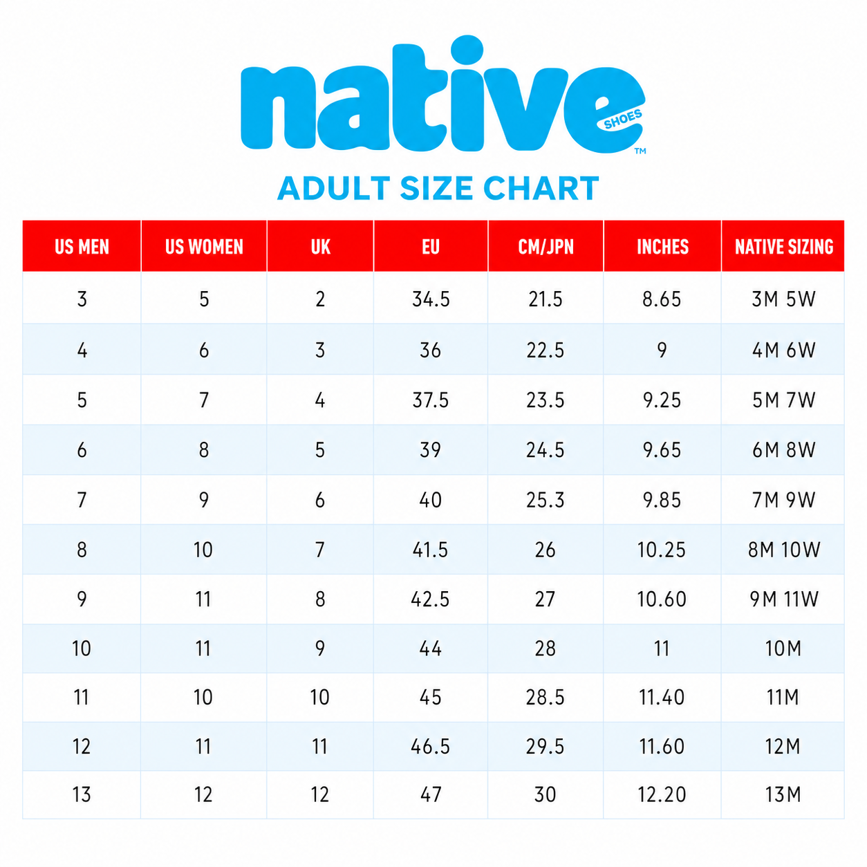 Native Size Chart Adults